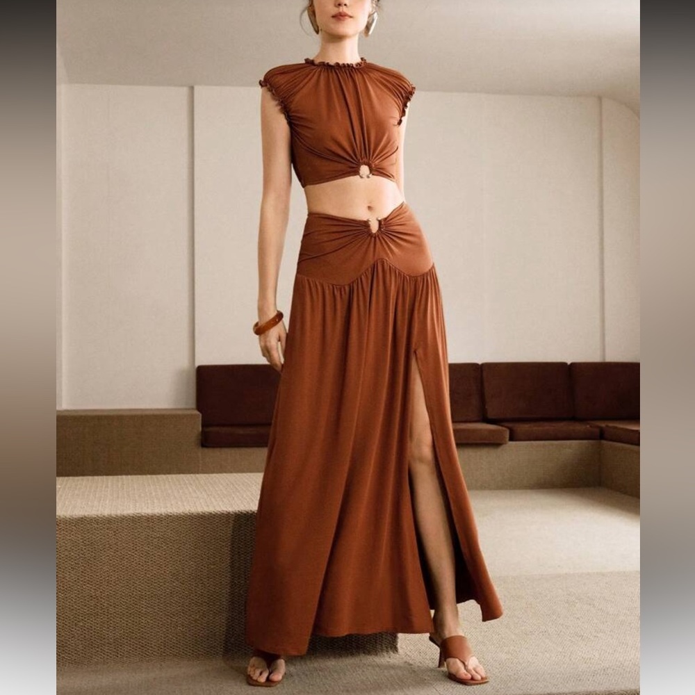 Rust brown stretchy 2 piece matching SET maxi skirt & top set, stretchy - Picture 1 of 7